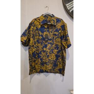 Jim Thompson Shirt Men's L Blue & Gold Floral Hawaiian Aloha Camp Button NWT